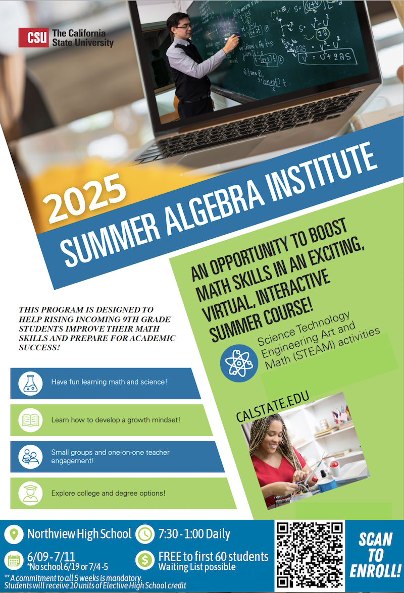 2025 Summer Algebra Institute for Incoming 9th graders. Scan QR code at bottom right of image or click image to enroll.